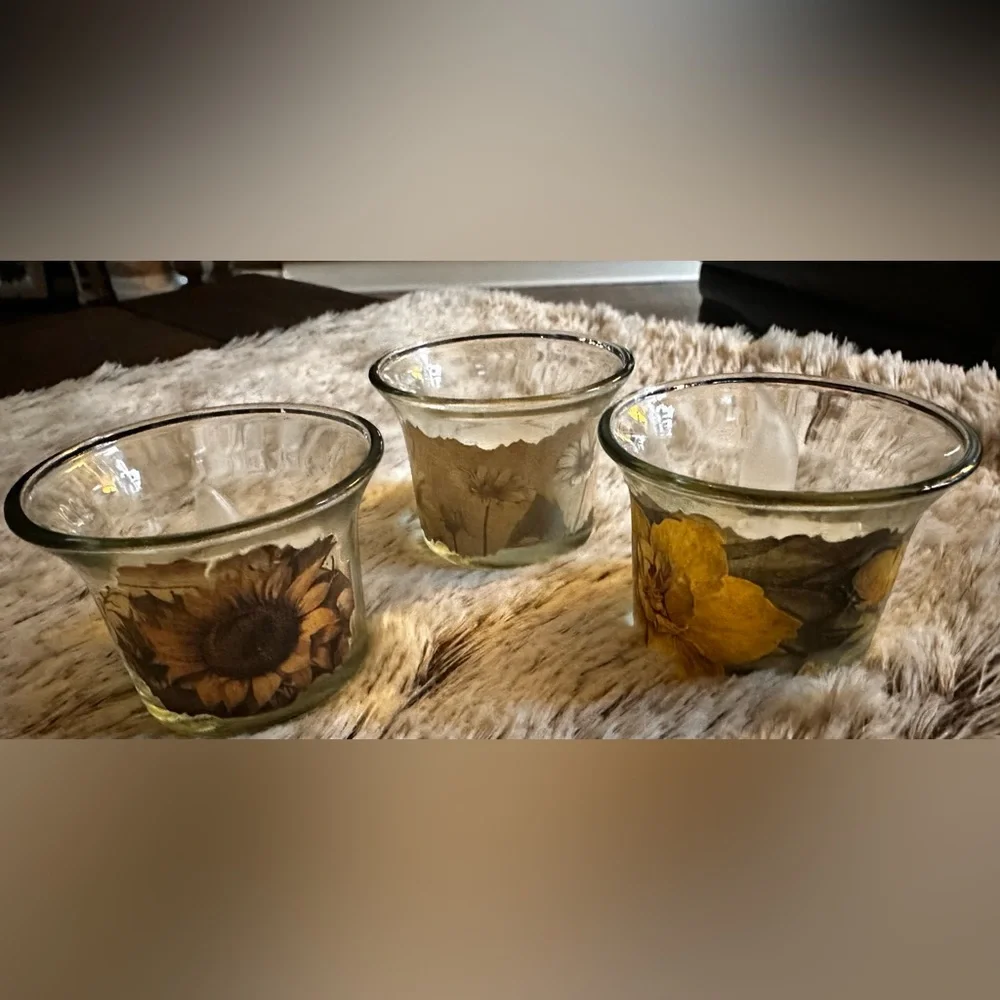 Hand Crafted Yellow and Cream Floral Glass Candle Holders